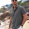 51okTY-Zl9L.jpg Men's Linen Shirts Short Sleeve Casual Shirts Button Down Shirt for Men Beach Summer Wedding Shirt