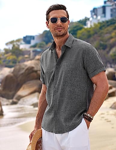 51okTY-Zl9L.jpg Men's Linen Shirts Short Sleeve Casual Shirts Button Down Shirt for Men Beach Summer Wedding Shirt