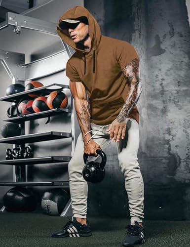 Men's Short Sleeve Hoodie Workout Gym Sweatshirt Muscle Fit Fashion Athletic Hoodies Pullover Cotton Hooded T-Shirts