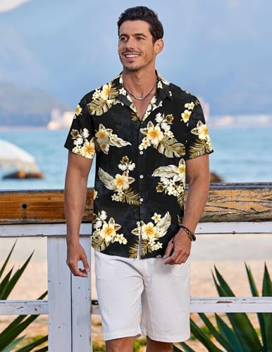 51uXuWUn85L.jpg Hawaiian Shirt for Men Short Sleeve Floral Button Down Shirt Tropical Casual Summer Beach Shirts