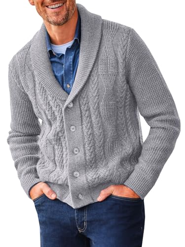 Mens Shawl Collar Cardigan Sweater Cable Knit Button Down Sweaters Long Sleeve Casual Winter Outwear