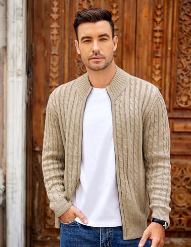 Men's Full Zip Cardigan Sweater Slim Fit Cable Knitted Zip Up Sweater with Pockets