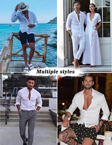 Linen Sets For Men 2 Piece Button Down Shirt Long Sleeve and Casual Beach Drawstring Waist Shorts Summer Outfits